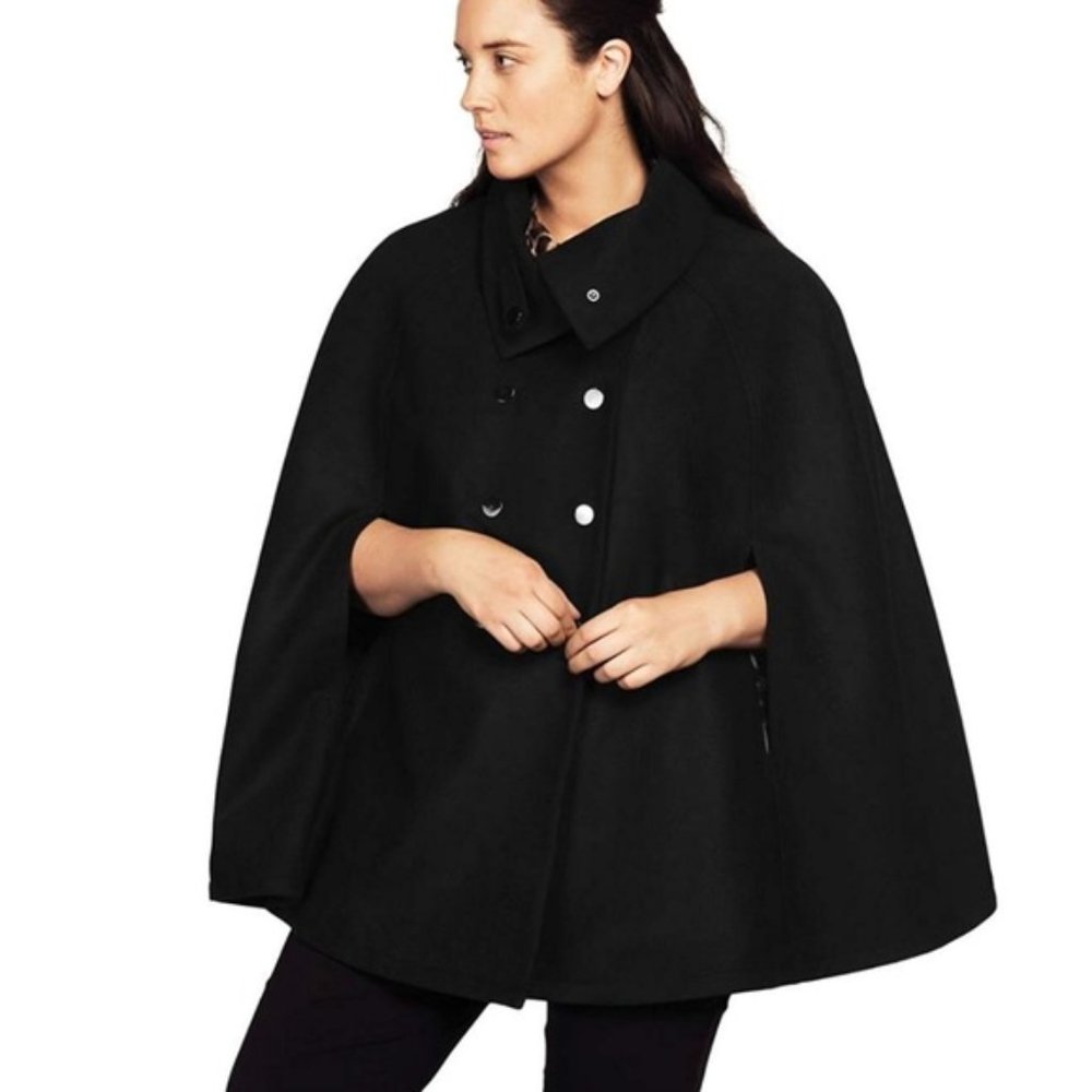 Black Wool Blend Double Breasted Capelet